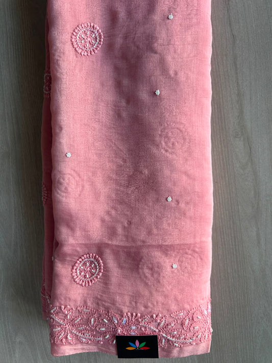 Soft Pink Handcrafted Chikankari with Bead Work Chanderi Silk Cotton Saree - 33196