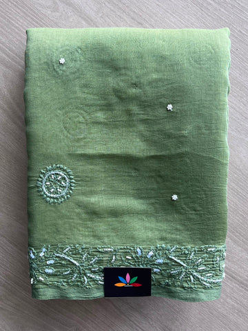 Mineral Green Handcrafted Chikankari with Bead Work Chanderi Silk Cotton Saree - 33197