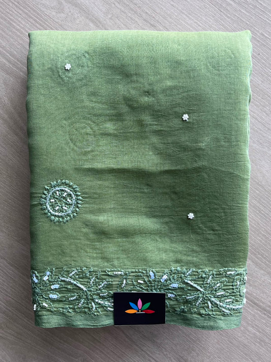 Mineral Green Handcrafted Chikankari with Bead Work Chanderi Silk Cotton Saree - 33197