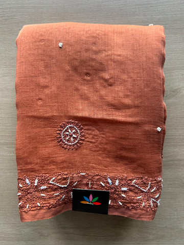 Coral Orange Handcrafted Chikankari with Bead Work Chanderi Silk Cotton Saree - 33198