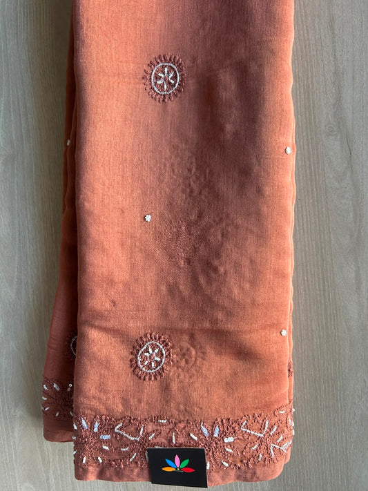Coral Orange Handcrafted Chikankari with Bead Work Chanderi Silk Cotton Saree - 33198