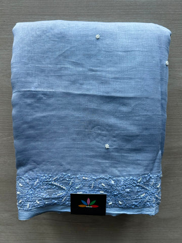 Faded Blue Handcrafted Chikankari with Bead Work Chanderi Silk Cotton Saree - 33199
