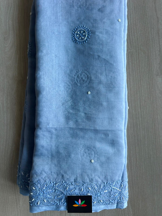 Faded Blue Handcrafted Chikankari with Bead Work Chanderi Silk Cotton Saree - 33199