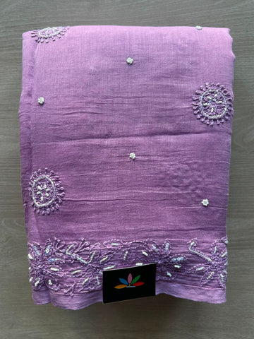 Wisteria Shade Handcrafted Chikankari with Bead Work Chanderi Silk Cotton Saree - 33201