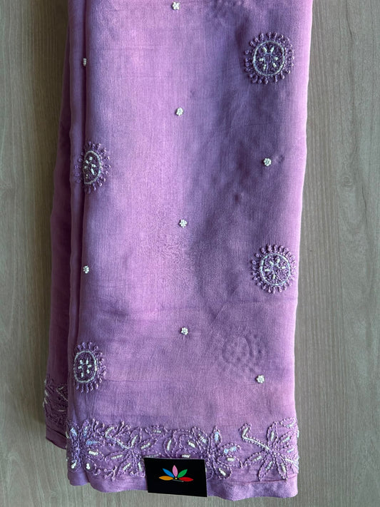 Wisteria Shade Handcrafted Chikankari with Bead Work Chanderi Silk Cotton Saree - 33201