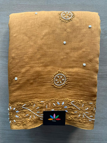Handcrafted Chikankari with Bead Work Chanderi Silk Cotton Saree - 33202