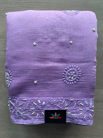 Handcrafted Chikankari with Bead Work Chanderi Silk Cotton Saree - 33204