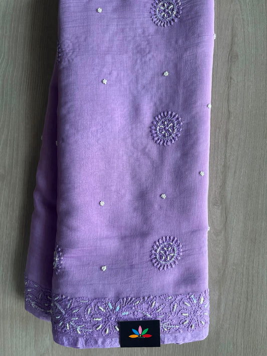 Light Pastel Purple Handcrafted Chikankari with Bead Work Chanderi Silk Cotton Saree - 33204