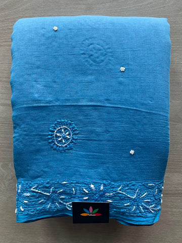 Handcrafted Chikankari with Bead Work Chanderi Silk Cotton Saree - 33205