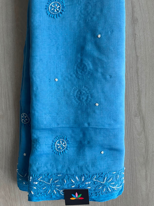 Medium Persian Blue Handcrafted Chikankari with Bead Work Chanderi Silk Cotton Saree - 33205
