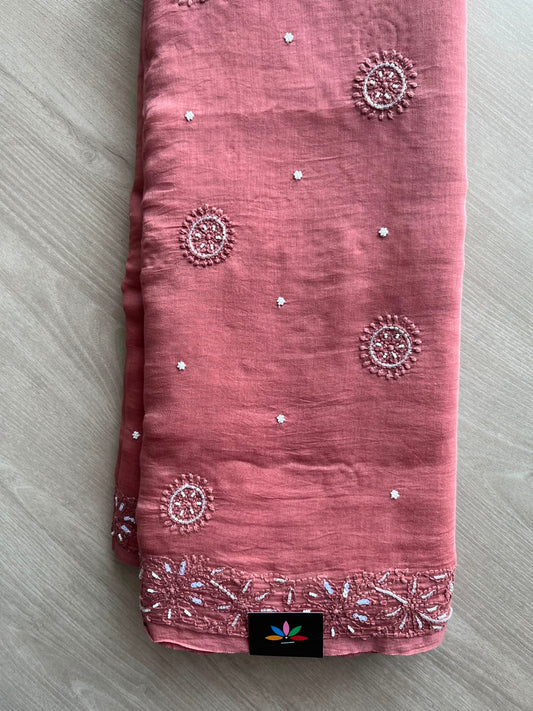 Dusty Pink Handcrafted Chikankari with Bead Work Chanderi Silk Cotton Saree - 33206