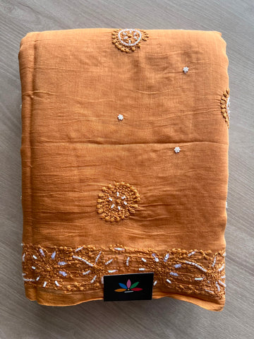 Handcrafted Chikankari with Bead Work Chanderi Silk Cotton Saree - 33207