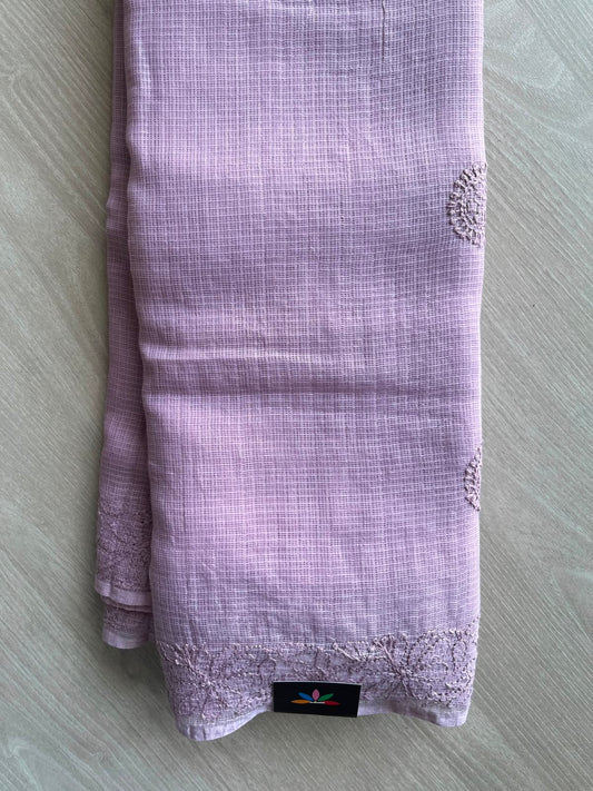 Pastel Purple Hand Embroidered Chikankari Kota Cotton Saree - 33377