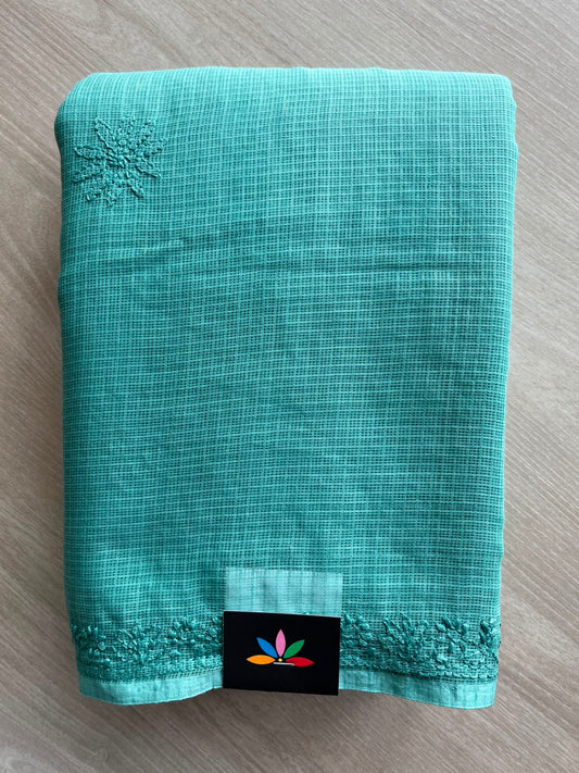 Teal Shade Hand Embroidered Chikankari Kota Cotton Saree - 33378