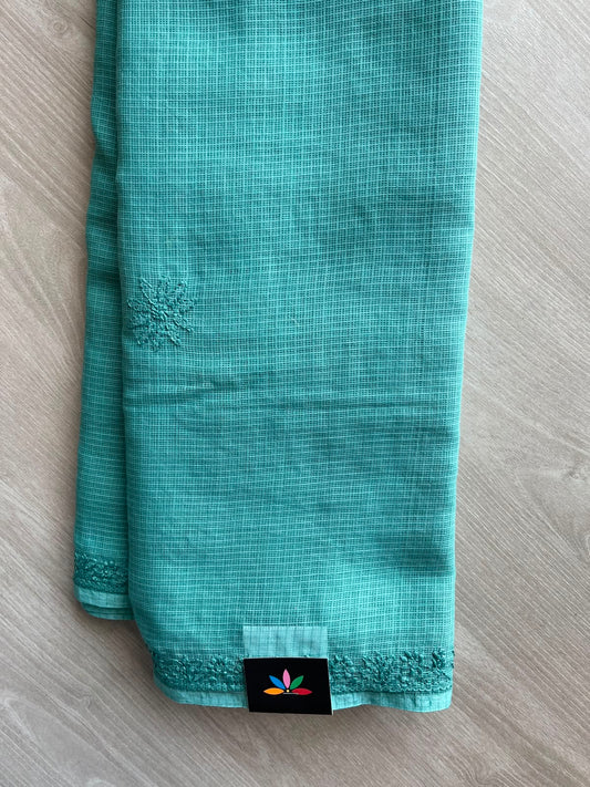 Teal Shade Hand Embroidered Chikankari Kota Cotton Saree - 33378