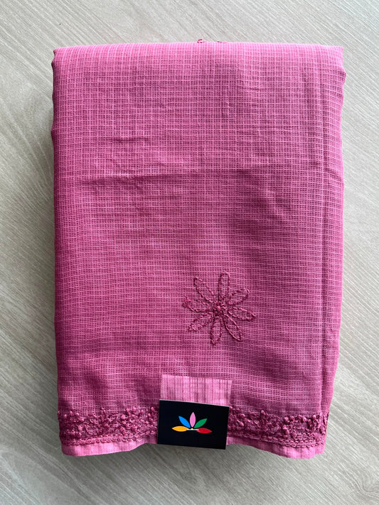 Thulian Pink Hand Embroidered Chikankari Kota Cotton Saree - 33380