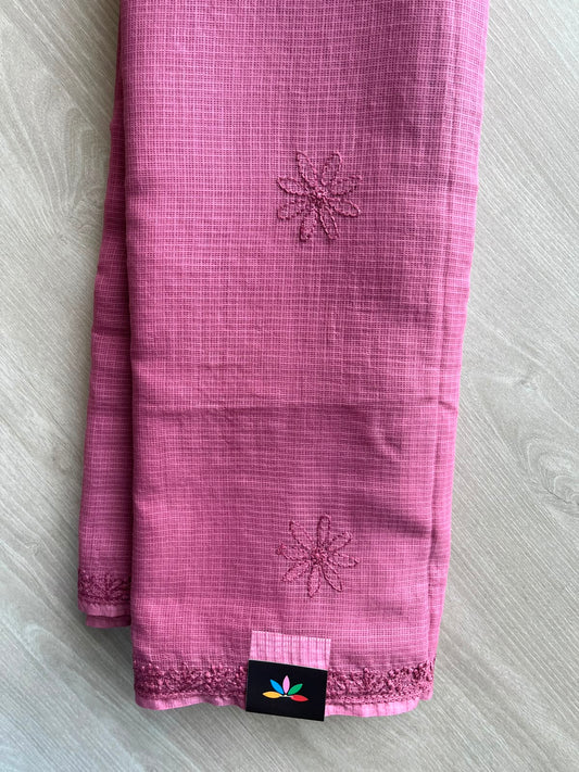 Thulian Pink Hand Embroidered Chikankari Kota Cotton Saree - 33380