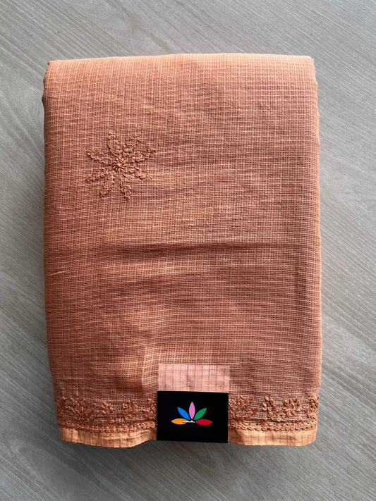Dark Peach Shade Hand Embroidered Chikankari Kota Cotton Saree - 33381