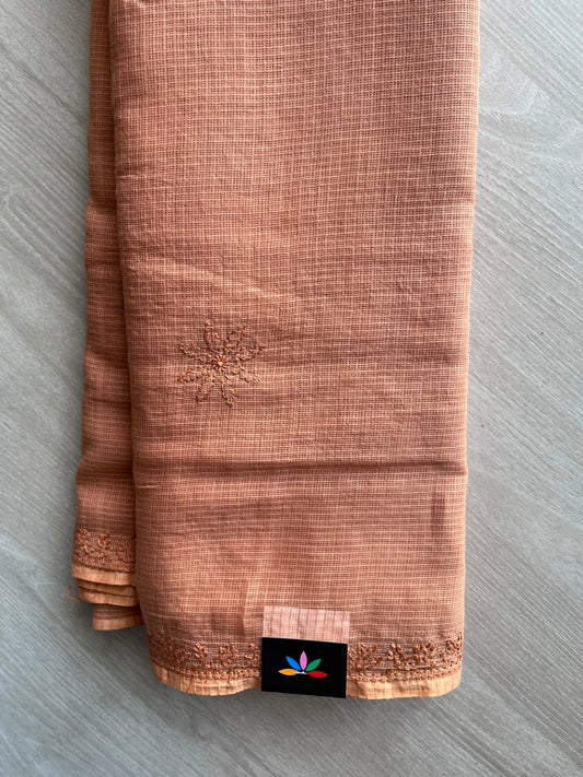 Dark Peach Shade Hand Embroidered Chikankari Kota Cotton Saree - 33381