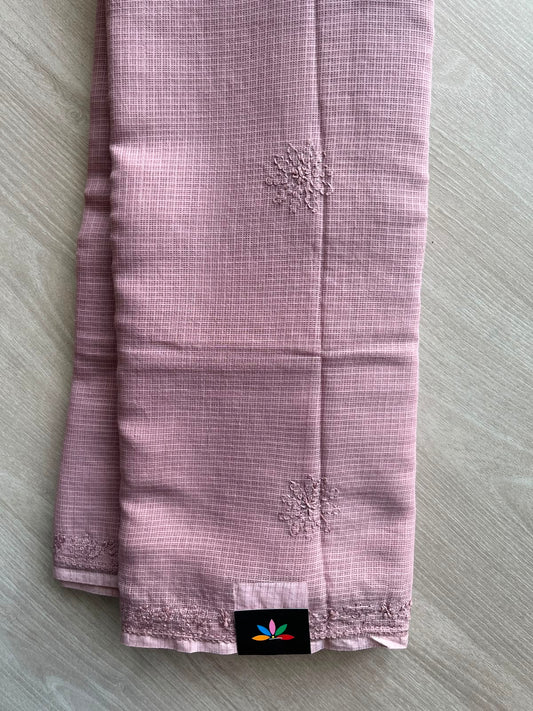Rustic Pink Hand Embroidered Chikankari Kota Cotton Saree - 33382