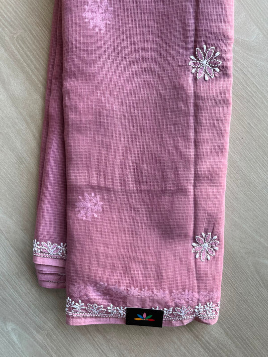 Hand Embroidered Chikankari Kota Cotton Saree - 33399
