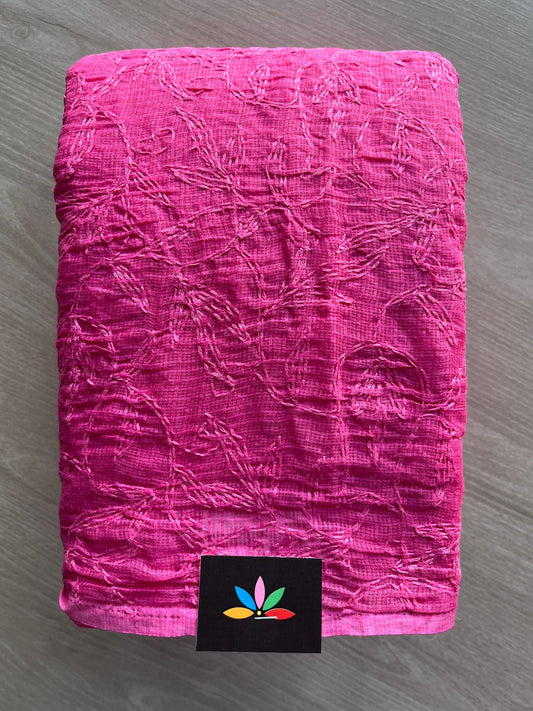 Vibrant Pink Hand Embroidered Tepchi Chikankari Kota Cotton Saree -29975