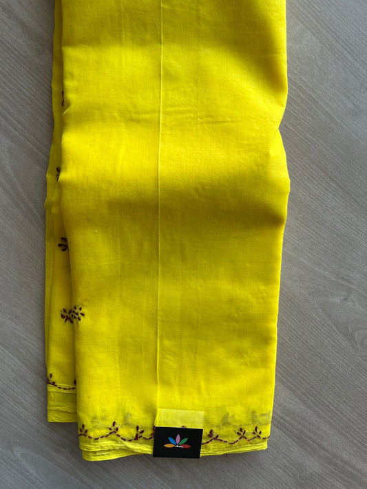 Bright Yellow Simple Chikankari Voile Cotton Saree- 31186