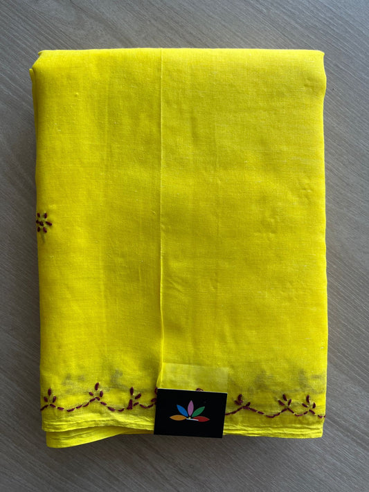 Bright Yellow Simple Chikankari Voile Cotton Saree- 31186