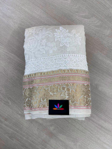 Designer Cutdana Chikankari Hand Embroidered Chanderi Silk Cotton Saree -11299