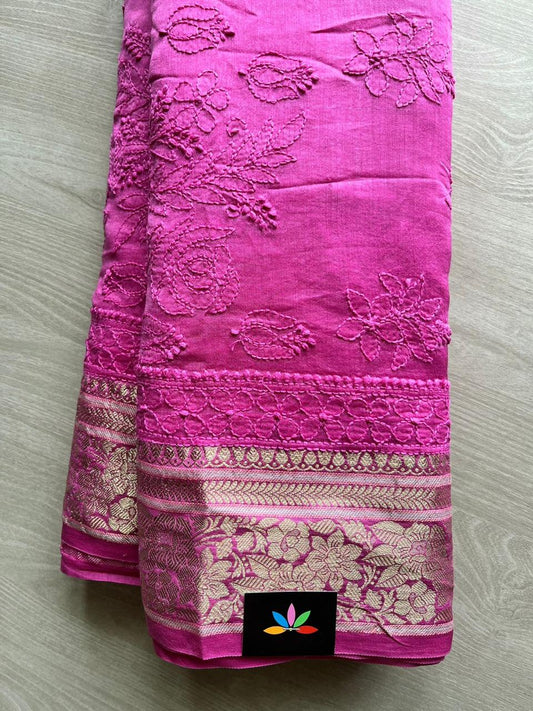 Designer Chikankari  Hand Embroidered Chanderi Silk Cotton Saree - 12724