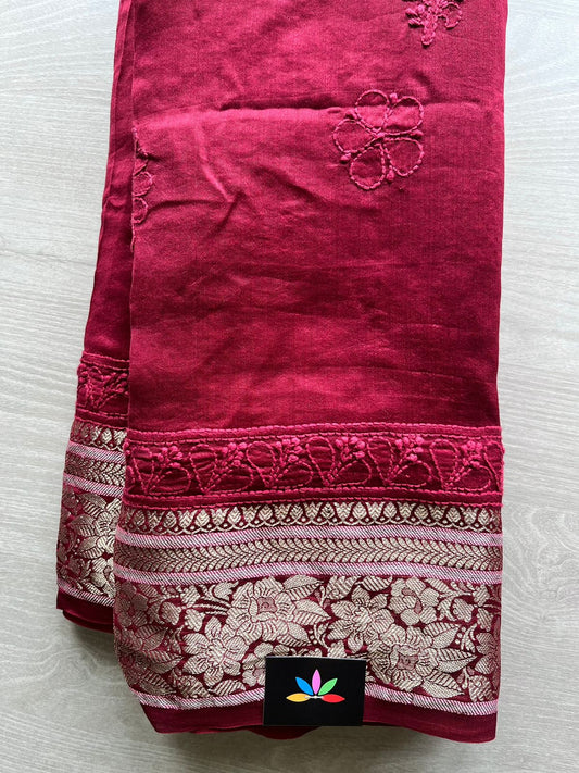 Designer Chikankari  Hand Embroidered Chanderi Silk Cotton Saree - 12725