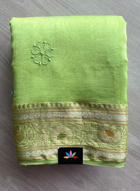 Pistachio Green Designer Chikankari  Hand Embroidered Chanderi Silk Cotton Saree - 12728
