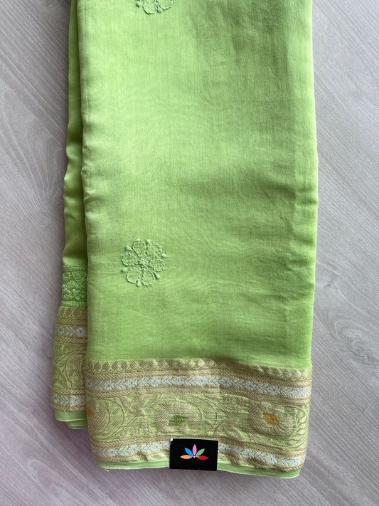 Pistachio Green Designer Chikankari  Hand Embroidered Chanderi Silk Cotton Saree - 12728