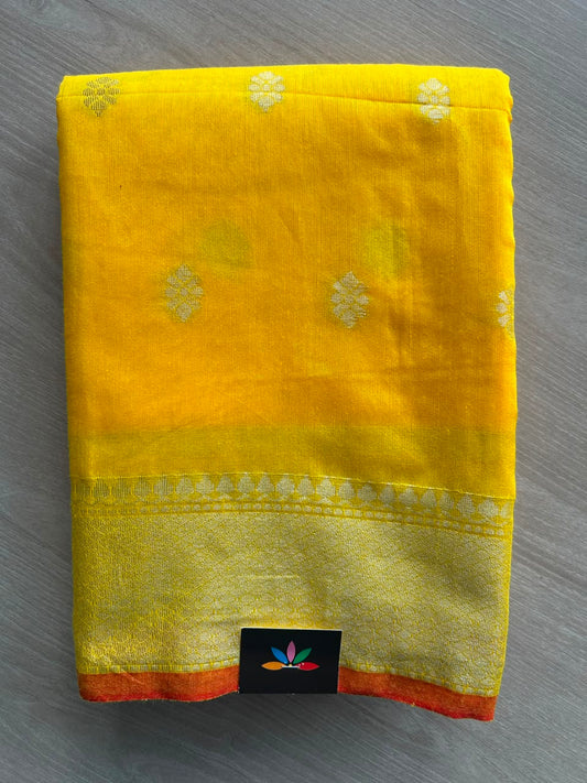 Bright Yellow Simple Mixed Cotton Saree -27580