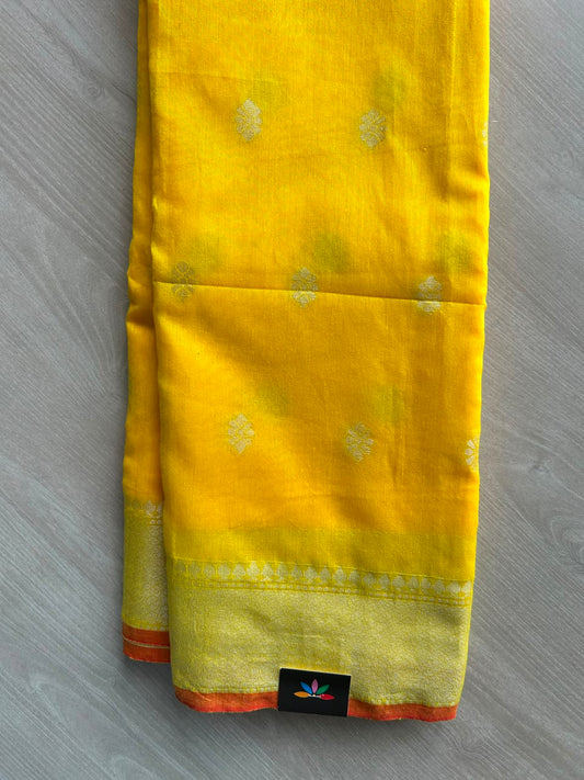 Bright Yellow Simple Mixed Cotton Saree -27580