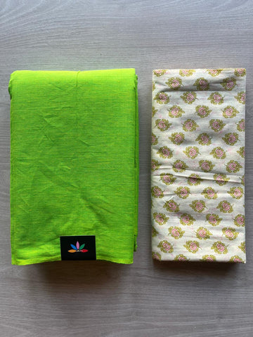Parrot Green Chartreuse Green Plain Cotton Saree with Contrast Blouse-28889