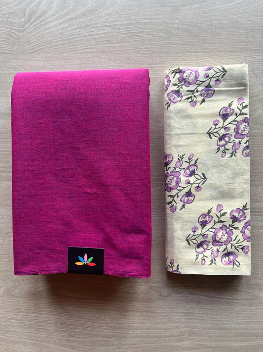 Tyrian Purple Plain Cotton Saree with Contrast Blouse-28894