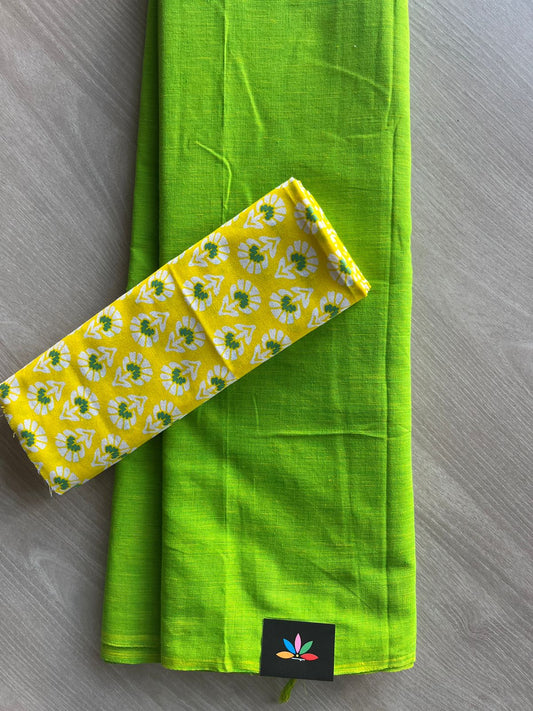 Bright Parrot Green Inchworm Green Plain Cotton Saree with Contrast Blouse-28896