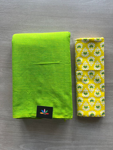 Bright Parrot Green Inchworm Green Plain Cotton Saree with Contrast Blouse-28896