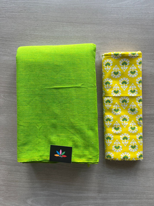 Bright Parrot Green Inchworm Green Plain Cotton Saree with Contrast Blouse-28896