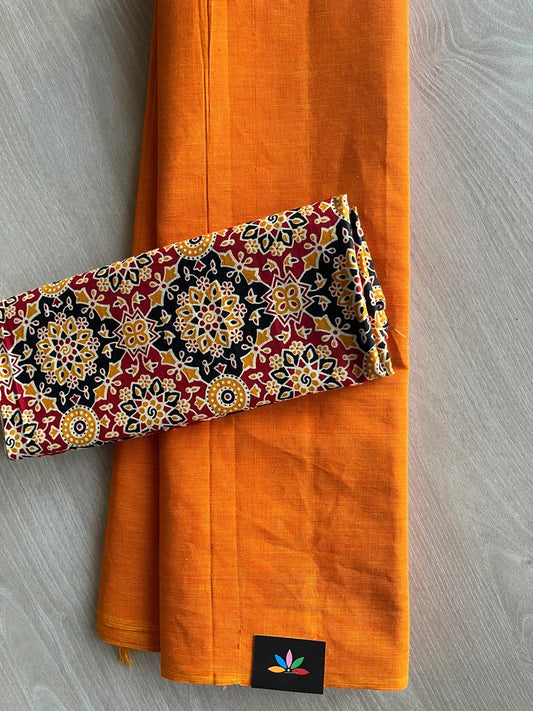 Tangerine Orange Plain Cotton Saree with Contrast Blouse-28897