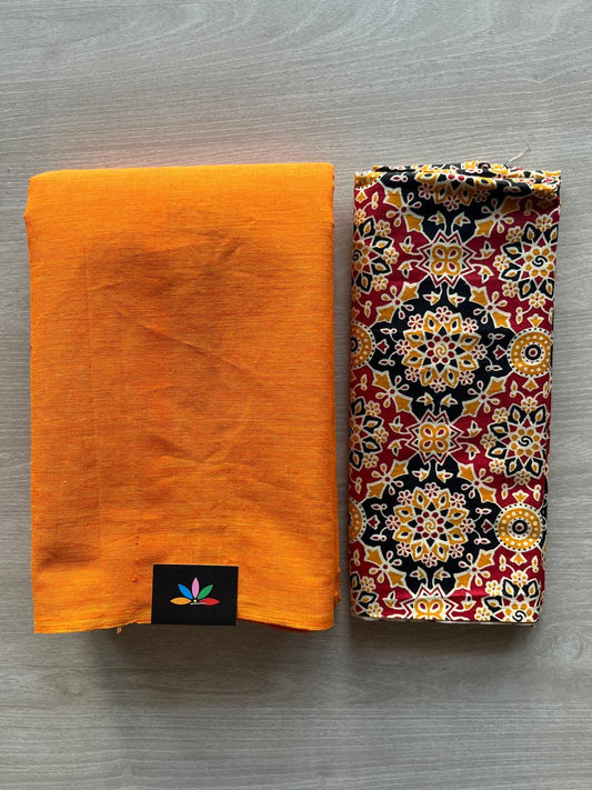 Tangerine Orange Plain Cotton Saree with Contrast Blouse-28897