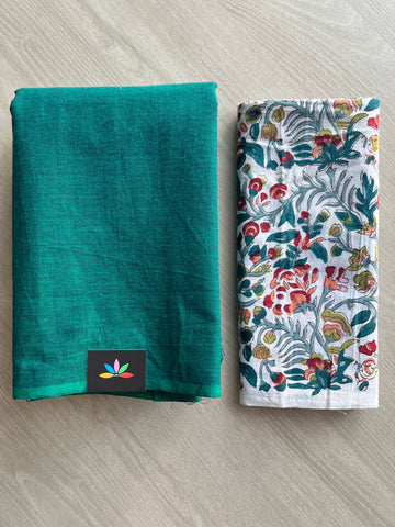 Double Tone (Bright Teal/Deep Teal) Plain Cotton Saree with Contrast Blouse-31469_31470