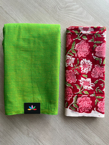 Parrot Green Plain Cotton Saree with Contrast Blouse-31471_31472