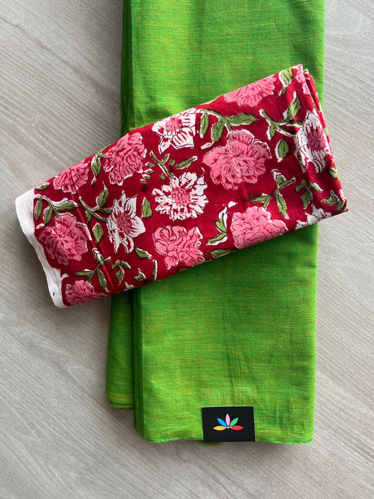 Parrot Green Plain Cotton Saree with Contrast Blouse-31471_31472