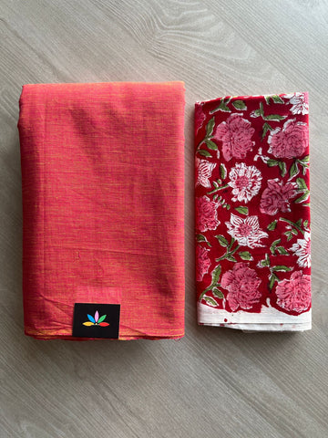 Double Tone (Sunset Coral Pink/Yellow) Plain Cotton Saree with Contrast Blouse-31475_31476