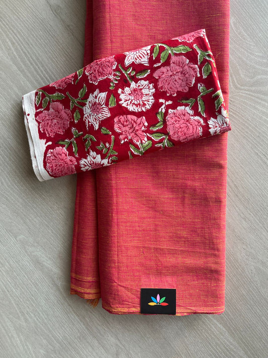 Double Tone (Sunset Coral Pink/Yellow) Plain Cotton Saree with Contrast Blouse-31475_31476
