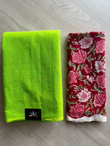 Double Tone (Parrot Green/Neon Yellow) Plain Cotton Saree with Contrast Blouse-31477