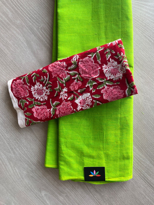 Double Tone (Parrot Green/Neon Yellow) Plain Cotton Saree with Contrast Blouse-31477