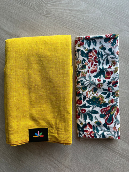 Double Tone (Mustard Gold/Yellow) Plain Cotton Saree with Contrast Blouse-31478
